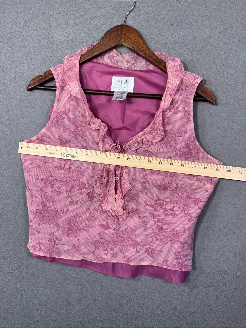 Vintage Y2K  ✨ Fairy 🧚 Sleeveless Pink Floral Ruffle Tie V Neck Silk Top, M - Picture 12 of 14